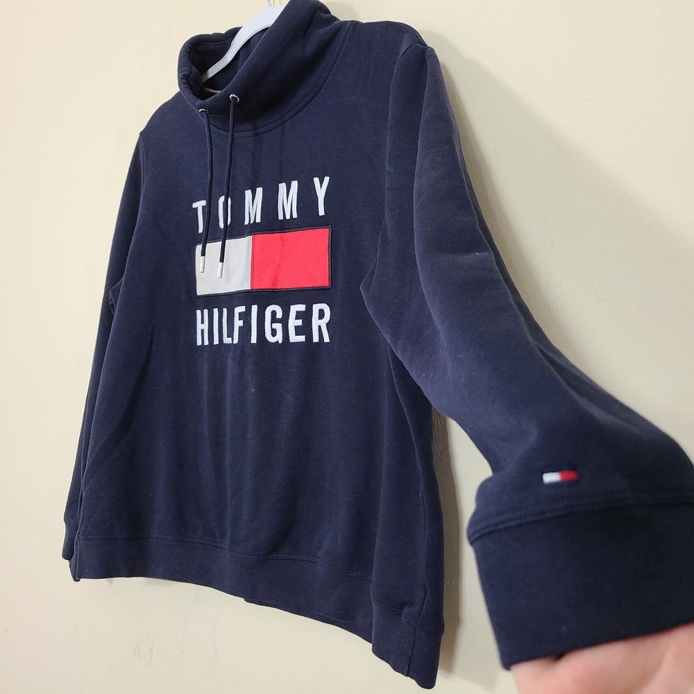 Tommy Hilfiger Hoodie Sweatshirt Womens L Navy Blue Y2K Spell Out Colorblock Red - Picture 2 of 8